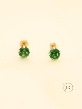 14K Gold Dainty Emerald CZ Stud Earrings 4mm Round May Birthstone